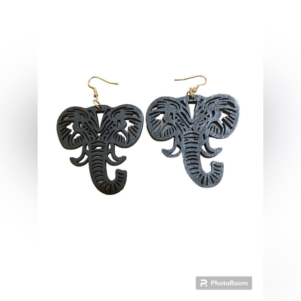 Wooden Black Cutout Elephant Earrings NEW